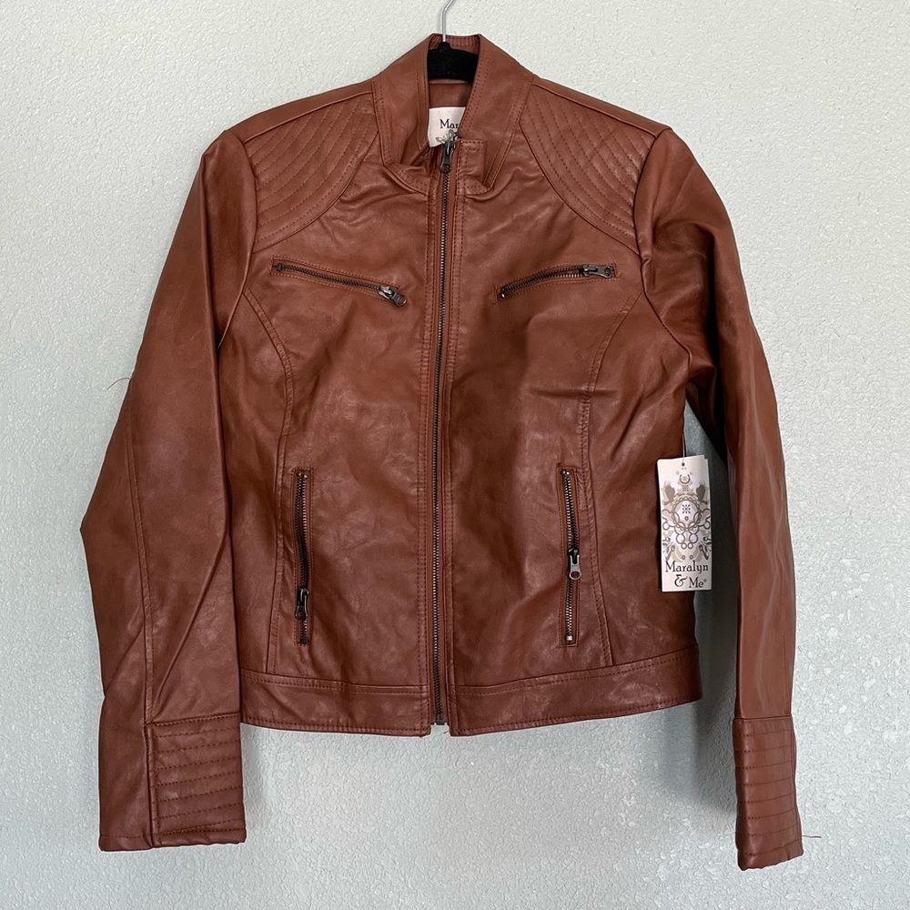 Maralyn & Me Faux Leather Full Zip Cognac Brown Jacket Size Large